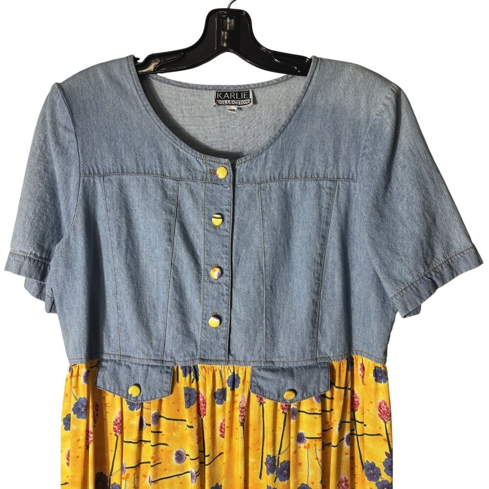Vintage Karlie Collection Denim & Floral Midi Dress Size 14 Yellow & Blue - Picture 5 of 11